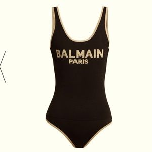 BALMAIN GLITTERY BLACK AND BEIGE BODYSUIT